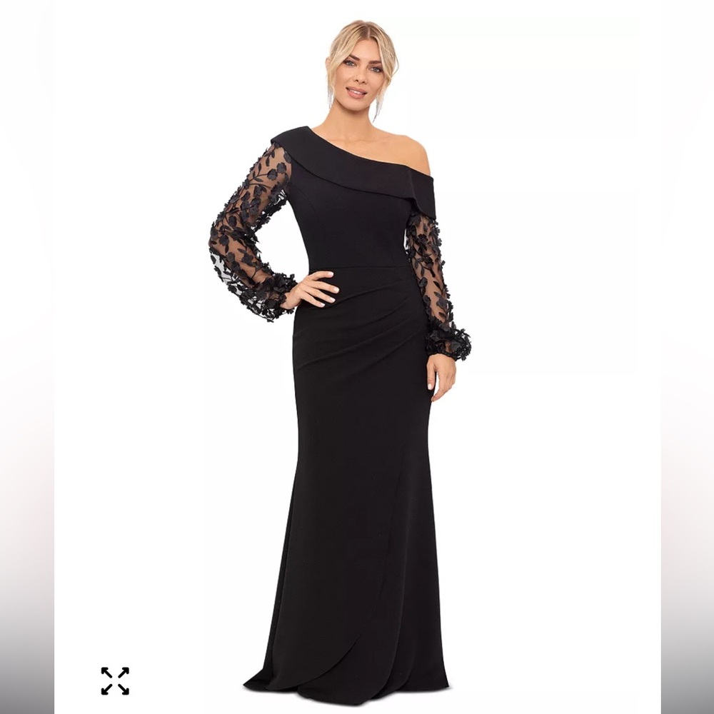 Xscape Women's Off-The-Shoulder Floral-Sleeve Scuba Crepe Gown - Black - Size 16